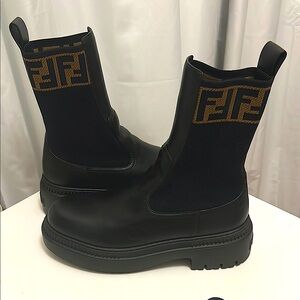 Fendi Black Leather Ankle Boots w/ Zucca Print Accents